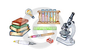 Set of microscope flasks books watercolor