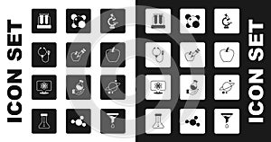 Set Microscope, Genetically modified apple, Stethoscope, Test tube, Apple, Molecule, Planet Saturn and Atom icon. Vector