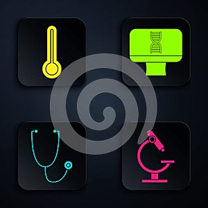 Set Microscope, Medical thermometer, Stethoscope and DNA spiral and computer. Black square button. Vector