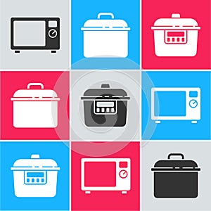 Set Microwave oven, Cooking pot and Slow cooker icon. Vector