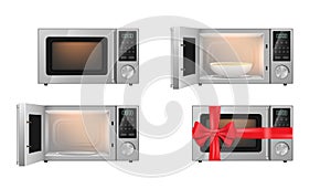 Set of microwaves, modern kitchen appliance for food cooking and heating with plate or gift ribbon