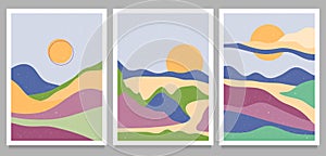Set of Mid century modern minimalist art print. Abstract contemporary aesthetic backgrounds landscape