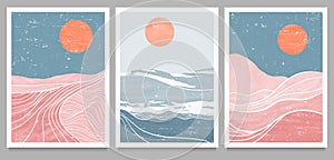 Set of Mid century modern minimalist art print. Abstract mountain contemporary aesthetic backgrounds landscapes