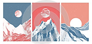 Set of Mid century modern minimalist art print. Abstract mountain contemporary aesthetic backgrounds landscapes