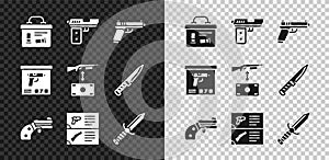 Set Military ammunition box, Pistol or gun, Small revolver, Weapon catalog, knife, and Buying assault rifle icon. Vector