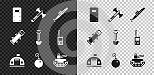 Set Military assault shield, War axe, Submarine, barracks, Bomb ready to explode, tank, Rocket and Sapper shovel icon