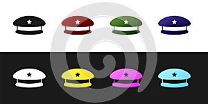 Set Military beret icon isolated on black and white background. Soldiers cap. Army hat. War baret. Vector