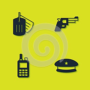 Set Military dog tag, beret, Walkie talkie and Pistol or gun icon. Vector