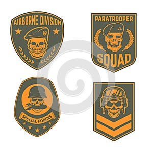 Set of military emblems templates. Skull in paratrooper beret. S