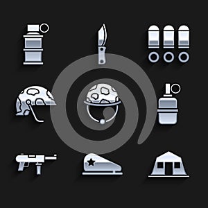 Set Military helmet, beret, barracks, Hand grenade, Submachine gun M3, Bullet and smoke icon. Vector