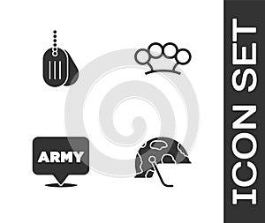 Set Military helmet, dog tag, army and Brass knuckles icon. Vector