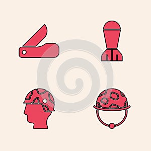 Set Military helmet, Swiss army knife, Aviation bomb and Army soldier icon. Vector