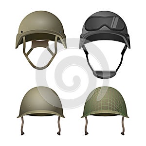 Set of military helmets. Classical, with goggles, combat and projection lines