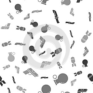 Set Military knife, Hand grenade, Aviation bomb and Pistol or gun on seamless pattern. Vector