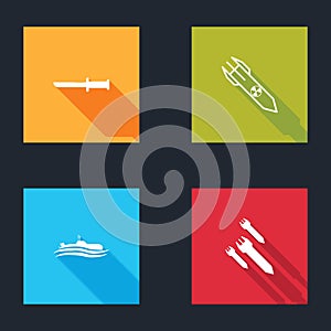 Set Military knife, Nuclear rocket, Submarine and Rocket icon. Vector