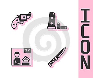 Set Military knife, Small gun revolver, Advertising weapon and Gun magazine and bullets icon. Vector