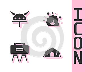 Set Military medical tent, Viking in horned helmet, mine and Bomb explosion icon. Vector
