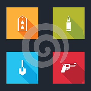 Set Military rank, Bullet, Shovel and Pistol or gun icon. Vector