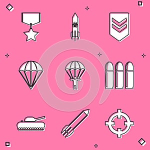 Set Military reward medal, Biohazard rocket, Chevron, Parachute, Bullet, tank and Rocket icon. Vector