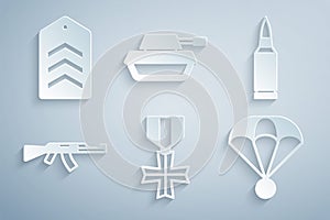 Set Military reward medal, Bullet, Submachine gun, Parachute, tank and Chevron icon. Vector