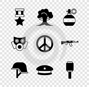 Set Military reward medal, Nuclear explosion, Hand grenade, helmet, beret, Anti-tank hand, Gas mask and Peace icon