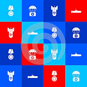 Set Military reward medal, Parachute with first aid kit, Nuclear bomb and Submarine icon. Vector