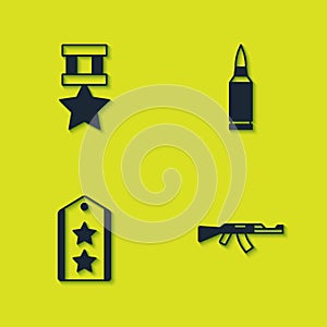 Set Military reward medal, Submachine gun, rank and Bullet icon. Vector