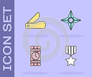 Set Military reward medal, Swiss army knife, Dynamite and timer clock and Japanese ninja shuriken icon. Vector