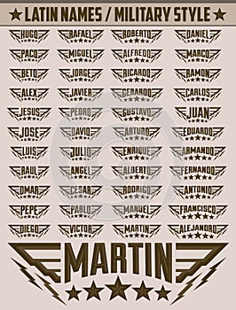 Set of Military style Badges with Hispanic popular Names