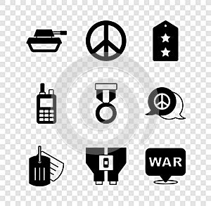 Set Military tank, Peace, rank, dog tag, Binoculars, The word war, Walkie talkie and reward medal icon. Vector