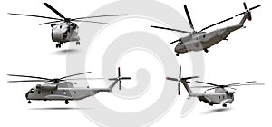 Set military transport or rescue helicopter on white background. 3d illustration.
