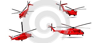 Set military transport or rescue red helicopter on white background. 3d illustration.