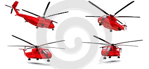 Set military transport or rescue red helicopter on white background. 3d illustration.