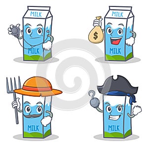 Set of milk box character with doctor money bag farmer pirate