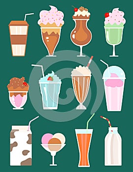 Set of milkshakes with berries, milk beverages, ice cream