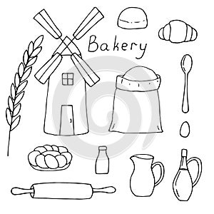 Set mill, flour and baking, vector illustration, hand drawing doodles