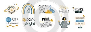 Set of mindful quotes. Vector cartoon lettering.