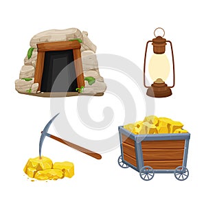 Set mine tools, equipment in cartoon style isolated on white background. Wooden cart with gold ore, tunnel entrance