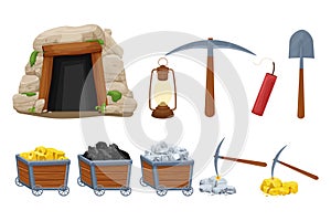 Set mine tools, equipment in cartoon style isolated on white background. Wooden cart with gold, silver, coal ore, tunnel
