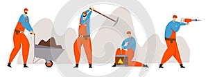 Set of Miner Characters, Coal or Minerals Mining, Workers in Uniform with Jackhammer, Wheelbarrow, Pickaxe photo