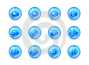 Set of mineral complex. Mineral K, Cl, Ca, Cu, Mn, Na, Fe, Mg, Se, Zn, S, P. Multimineral pill capsule supplement