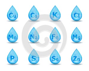 Set of mineral drop complex. Mineral K, Cl, Ca, Cu, Mn, Na, Fe, Mg, Se, Zn, S, P. Blue drug nutrition design