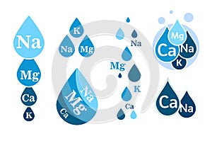Set of Mineral water icon. Blue drops with mineral designations. Simple flat logos template. Healthy water modern photo
