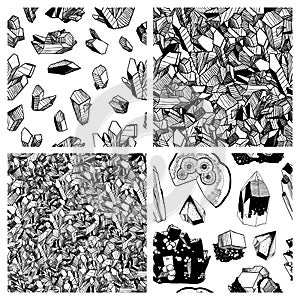 Set of mineralogy patterns. Black and white crystals and minerals. Vector seamless patterns with crystals and minerals. Hand drawn photo