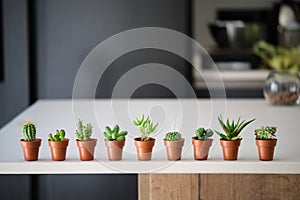 Set of mini cactus and succulent plants in a table.