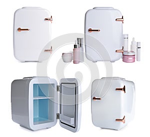 Set with mini refrigerators for cosmetics on white background