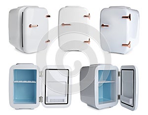 Set with mini refrigerators for cosmetics on white background