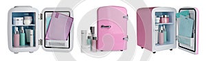 Set with mini refrigerators for cosmetics on white background, banner design