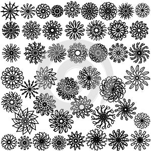 Set of mini zen mandalas with simple linear patterns and swirls, coloring page with doodle floral abstract motifs vector