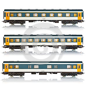 Set of miniature passenger railroad cars